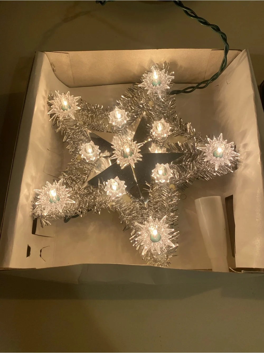 Silver Tinsel Lighted Star Tree Topper